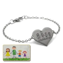 Nickel silver bracelet with engraving of a children's painting, stainless steel chain