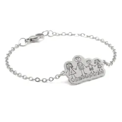 Silver platinum plated bracelet with engraving of children's drawing, stainless steel chain