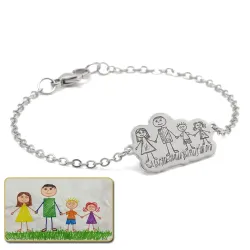 Silver platinum plated bracelet with engraving of children's drawing, stainless steel chain