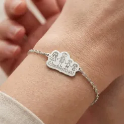 Silver platinum plated bracelet with engraving of children's drawing, stainless steel chain