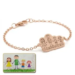 Silver rose gold plated bracelet with engraving of children's drawing, stainless steel chain
