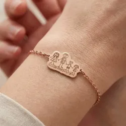 Silver rose gold plated bracelet with engraving of children's drawing, stainless steel chain