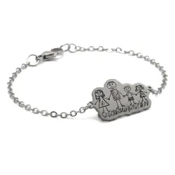 Nickel silver bracelet with engraving of a children's painting, stainless steel chain