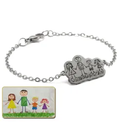 Nickel silver bracelet with engraving of a children's painting, stainless steel chain