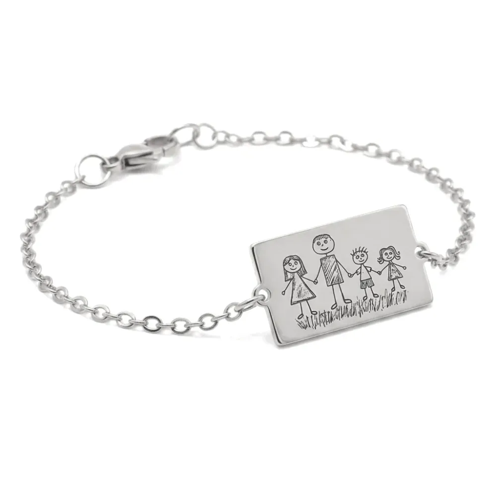 Silver platinum plated bracelet with engraving of children's drawing, stainless steel chain