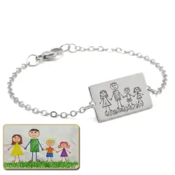 Silver platinum plated bracelet with engraving of children's drawing, stainless steel chain
