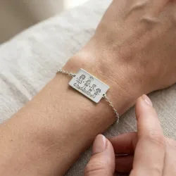 Silver platinum plated bracelet with engraving of children's drawing, stainless steel chain