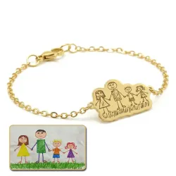 Silver gold plated bracelet with engraving of children's drawing, stainless steel chain