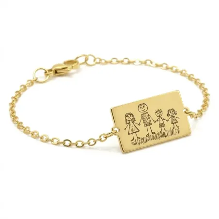 Silver gold plated bracelet with engraving of children's drawing, stainless steel chain
