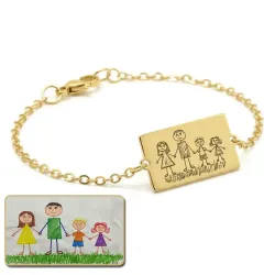 Silver gold plated bracelet with engraving of children's drawing, stainless steel chain