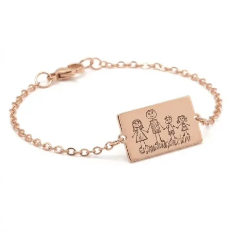 Ασημένιο ροζ επιχρυσωμένο βραχιόλι με χάραξη παιδικής ζωγραφιά, ατσάλινη αλυσίδα