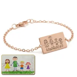 Ασημένιο ροζ επιχρυσωμένο βραχιόλι με χάραξη παιδικής ζωγραφιά, ατσάλινη αλυσίδα