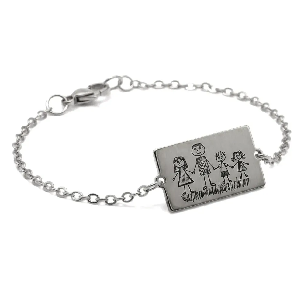 Nickel silver bracelet with engraving of a children's painting, stainless steel chain