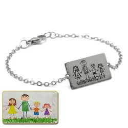 Nickel silver bracelet with engraving of a children's painting, stainless steel chain