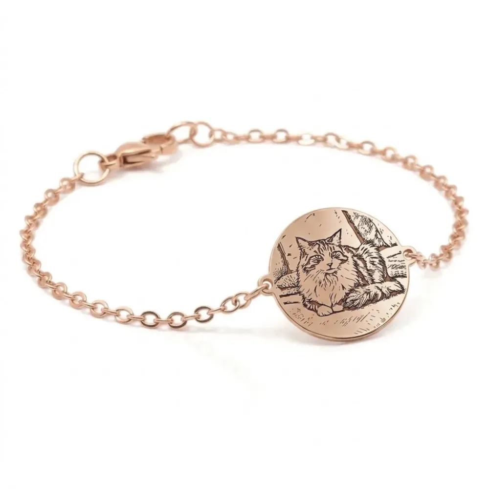 Silver rose gold plated bracelet with photo engraving, stainless steel chain