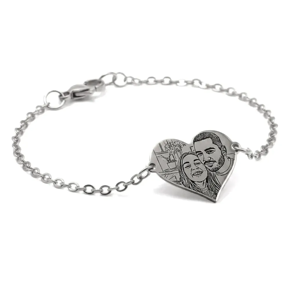 Bracelet with engraved photo on nickel siver heart, stainless steel chain