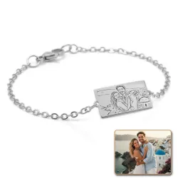 Silver platinum plated bracelet with photo engraving, stainless steel chain