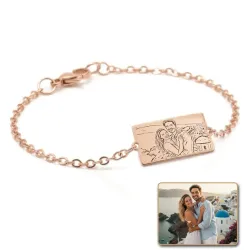 Silver rose gold plated bracelet with photo engraving, stainless steel chain