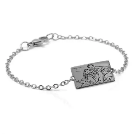 Bracelet with engraved photo on nickel siver tag, stainless steel chain