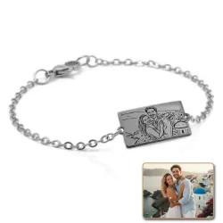 Bracelet with engraved photo on nickel siver tag, stainless steel chain