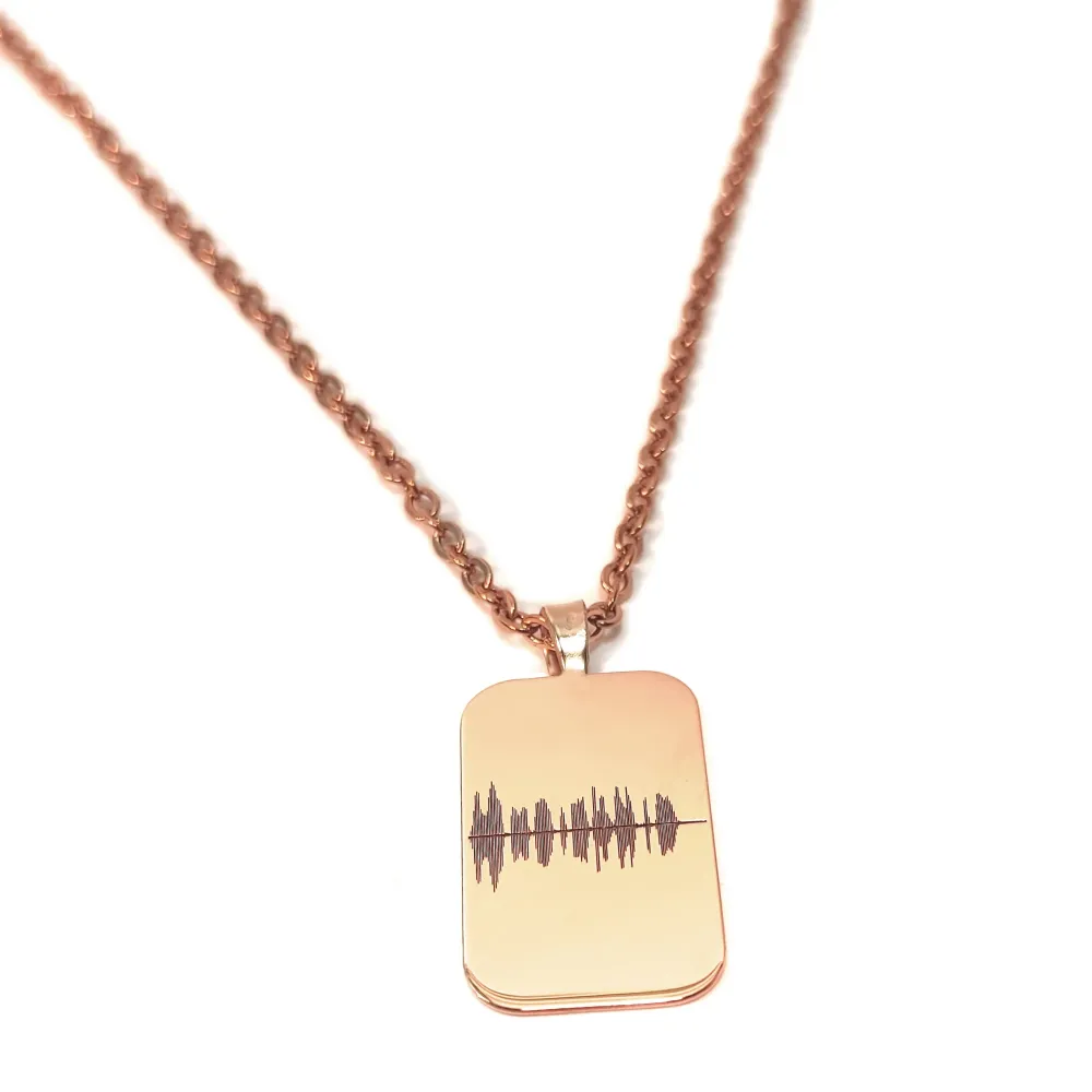 Silver gold plated pendant with waveform and QRcode engraved on a tag pendant, steel chain