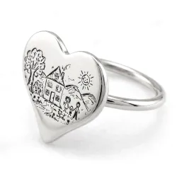 Silver ring with engraving of a children's drawing on a heart
