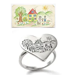 Silver ring with engraving of a children's drawing on a heart