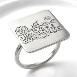 Ασημένιο δαχτυλίδι με χάραξη παιδικής ζωγραφιάς σε τετράγωνο