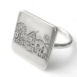 Ασημένιο δαχτυλίδι με χάραξη παιδικής ζωγραφιάς σε τετράγωνο