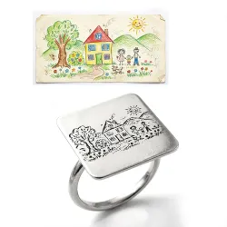 Ασημένιο δαχτυλίδι με χάραξη παιδικής ζωγραφιάς σε τετράγωνο