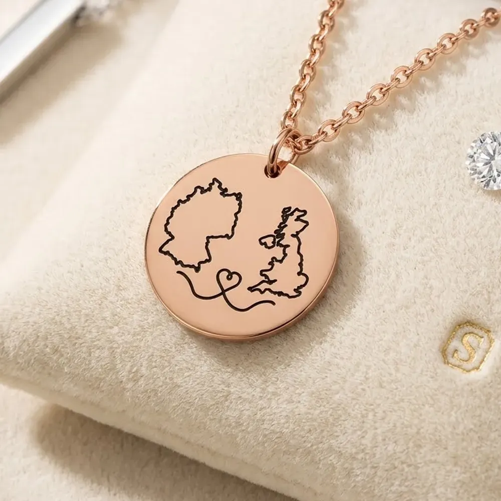 Sterling silver rose gold plated disk pendant with engraved maps of your favorite countries or regions (stainless steel chain)