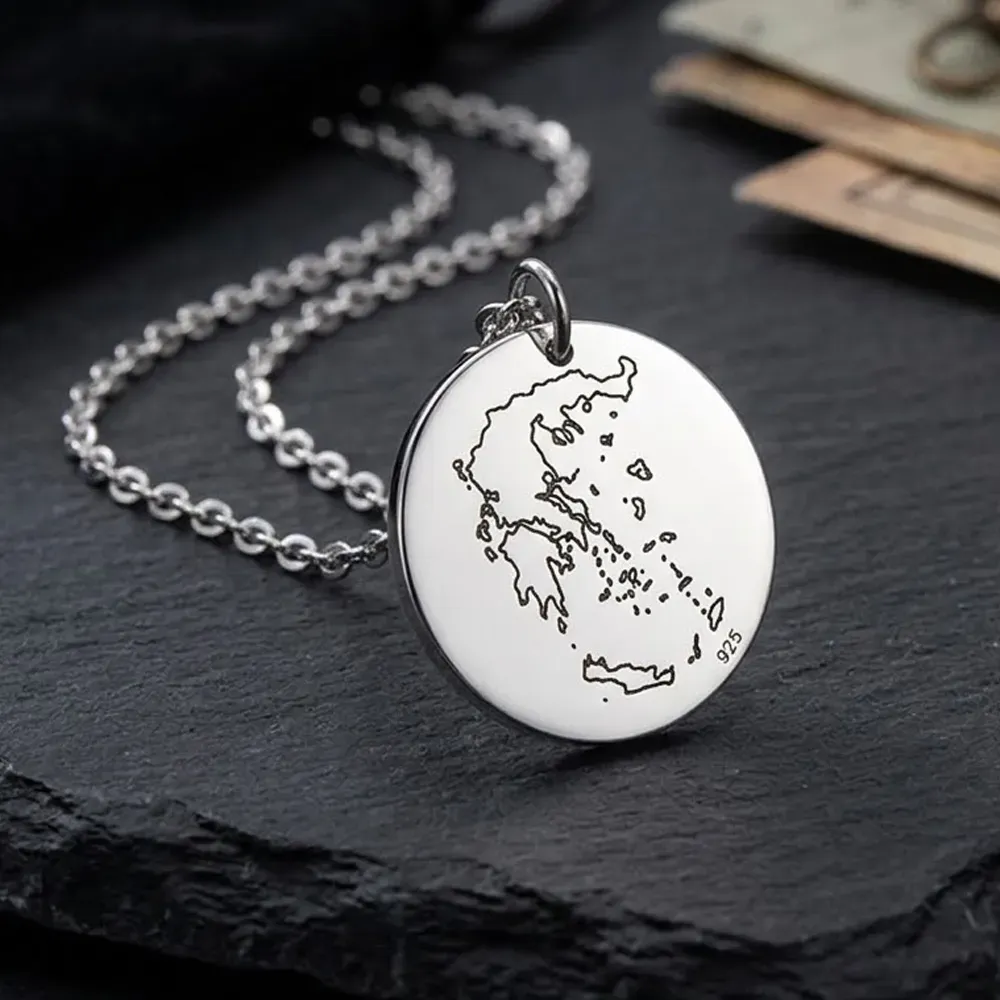Sterling silver platinum plated disk pendant with engraved map of your favorite country or region (stainless steel chain)