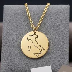 Sterling silver gold plated disk pendant with engraved map of your favorite country or region (stainless steel chain)
