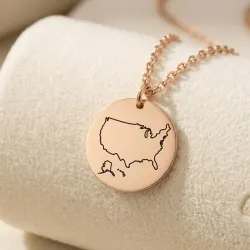 Sterling silver rose gold plated disk pendant with engraved map of your favorite country or region (stainless steel chain)