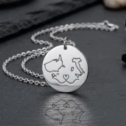 Sterling silver platinum plated disk pendant with engraved maps of your favorite countries or regions (stainless steel chain)