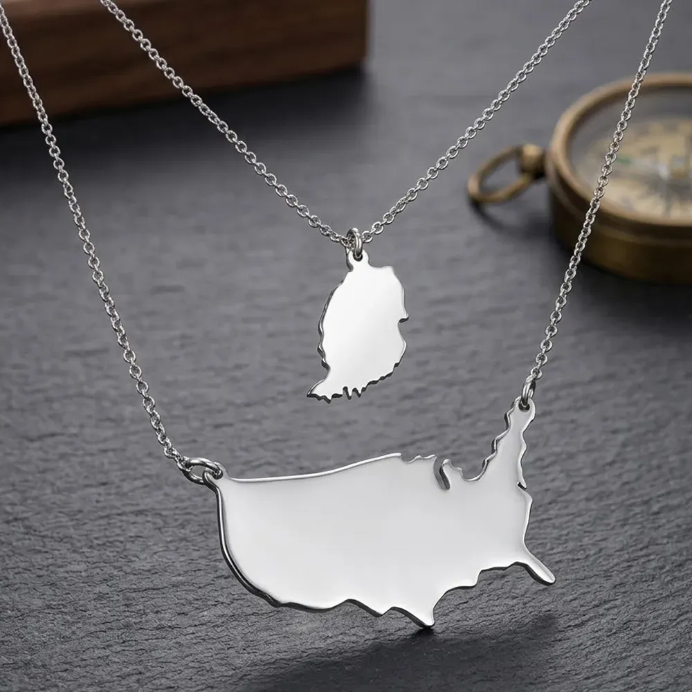 Sterling silver platinum  plated necklace with 2 maps of your favorite countries or regions