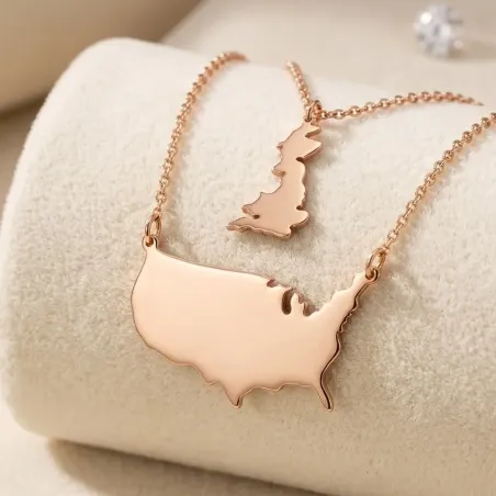 Sterling silver rose gold plated necklace with 2 maps of your favorite countries or regions