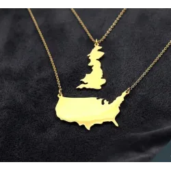 Sterling silver gold plated necklace with 2 maps of your favorite countries or regions