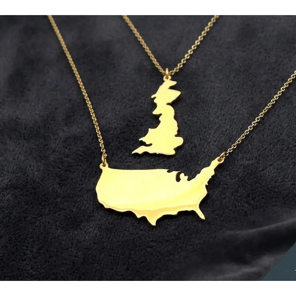Sterling silver gold plated necklace with 2 maps of your favorite countries or regions