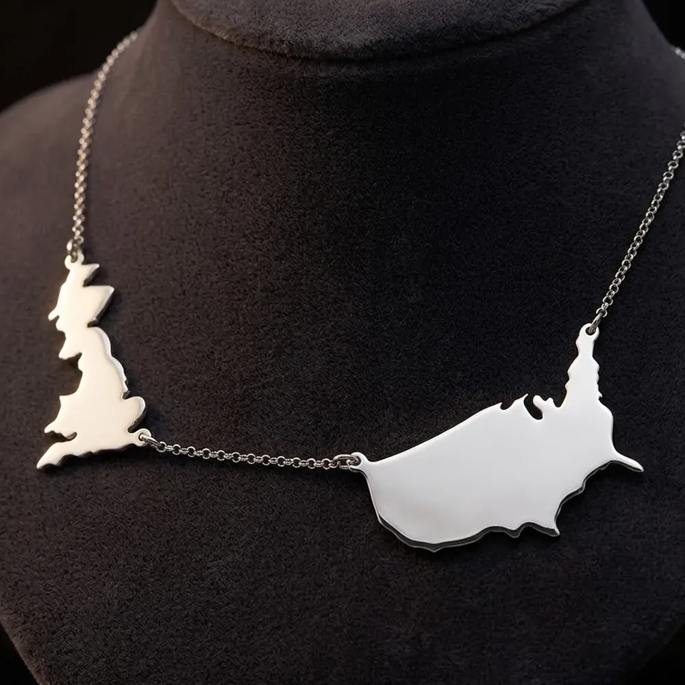 Sterling silver platinum  plated necklace with 2 maps of your favorite countries or regions