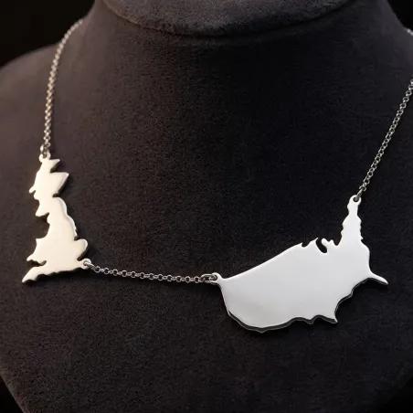 Sterling silver platinum  plated necklace with 2 maps of your favorite countries or regions