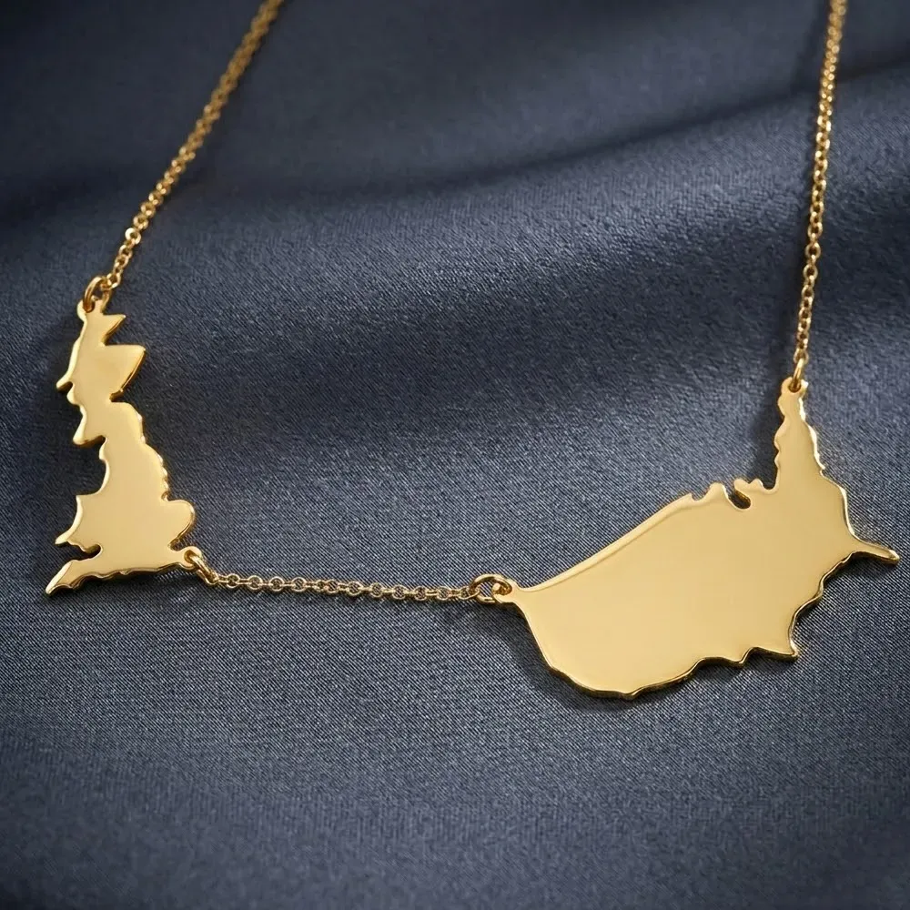 Sterling silver gold plated necklace with 2 maps of your favorite countries or regions