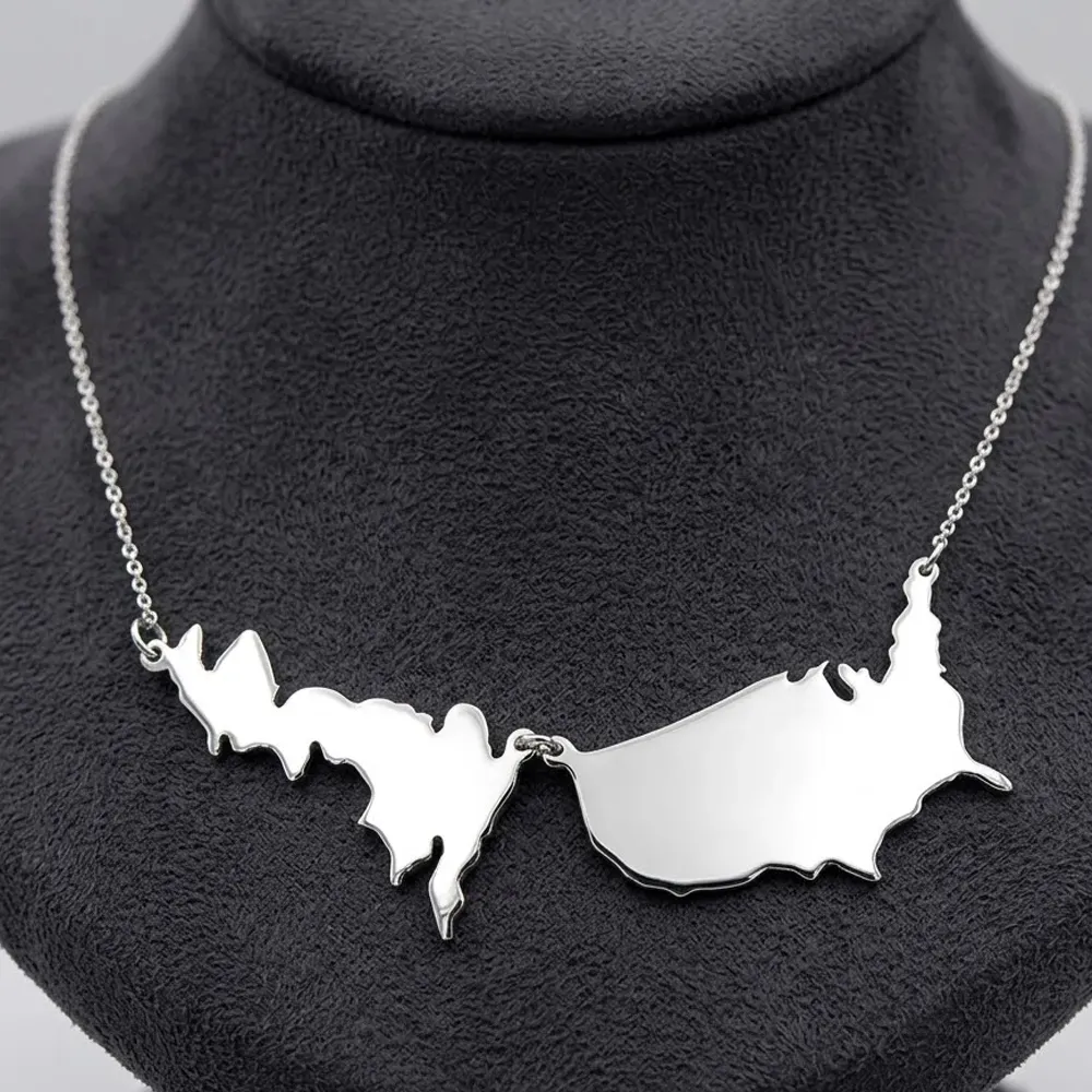 Sterling silver platinum  plated necklace with 2 maps of your favorite countries or regions