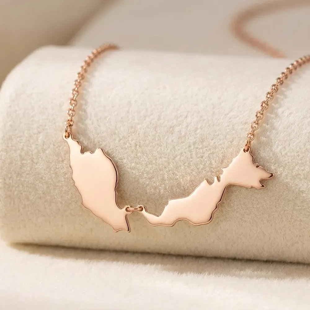 Sterling silver rose gold plated necklace with 2 maps of your favorite countries or regions