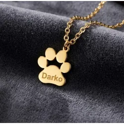 Sterling silver gold plated dog-cat paw pendant with engraved name, stainless steel chain