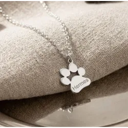 Sterling silver platinum plated dog-cat paw necklace with engraved name of your favorite pet