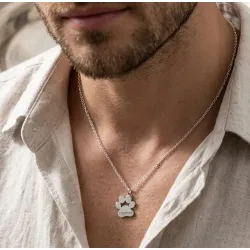 Ασημένια επιπλατινωμένη πατούσα σκύλου-γάτας με χαραγμένο όνομα, ατσάλινη αλυσίδα