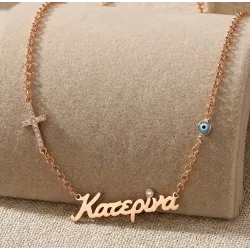 Silver rose gold plated necklace with name, swarovski tone, cross with rhinestones and evil eye