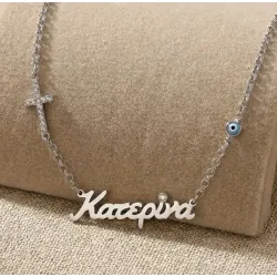 Silver platinum plated necklace with name, swarovski tone, cross with rhinestones and evil eye