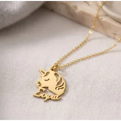 Ασημένιο επιχρυσωμένο κολιέ μονόκερος με όνομα